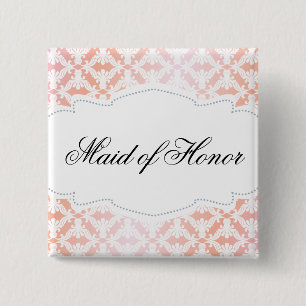 Pink & Coral Damask Maid of Honour 2 Inch Square Button