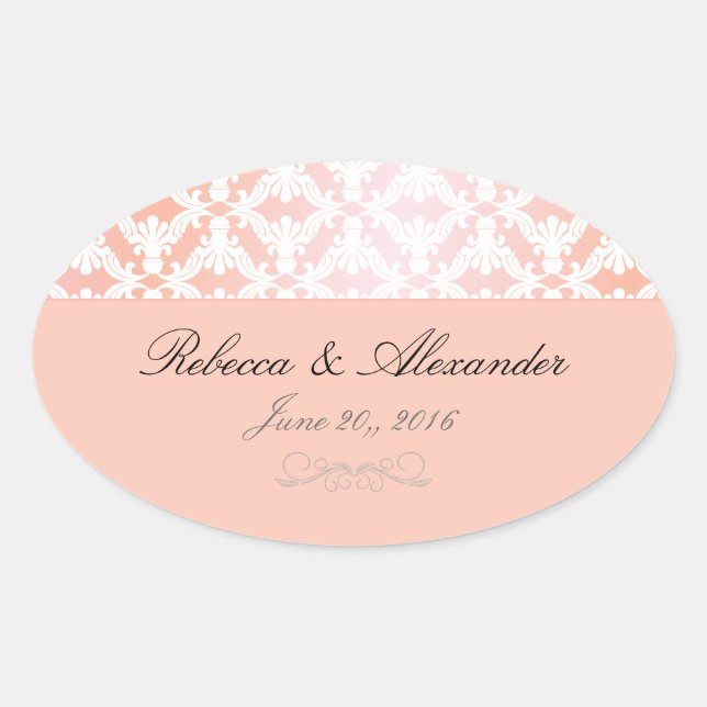 Pink & Coral Damask Wedding Oval Sticker (Front)