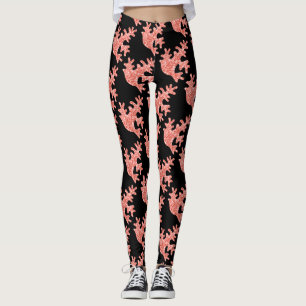 Pink coral dark glitter sparkles black pattern leggings