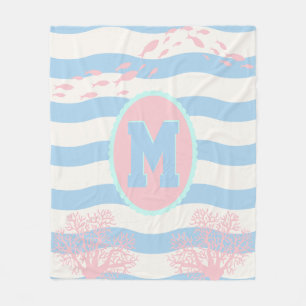 Pink Coral Fish Monogram Coastal Blue Baby Fleece Blanket
