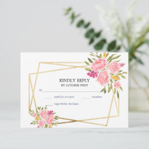 Pink Coral Floral and Gold Frame RSVP Card