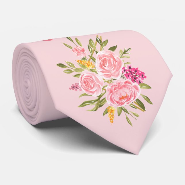 Pink Coral Floral Father of the Bride Neck Tie (Rolled)