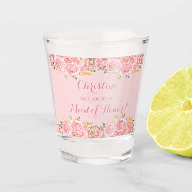 Pink Coral Floral Wedding Party Shot Glass (Front)