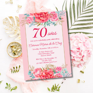 Pink Coral Florals Spanish 70th Birthday Party Invitation