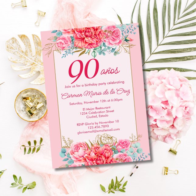 Pink Coral Florals Spanish 90th Birthday Party Invitation (Creator Uploaded)