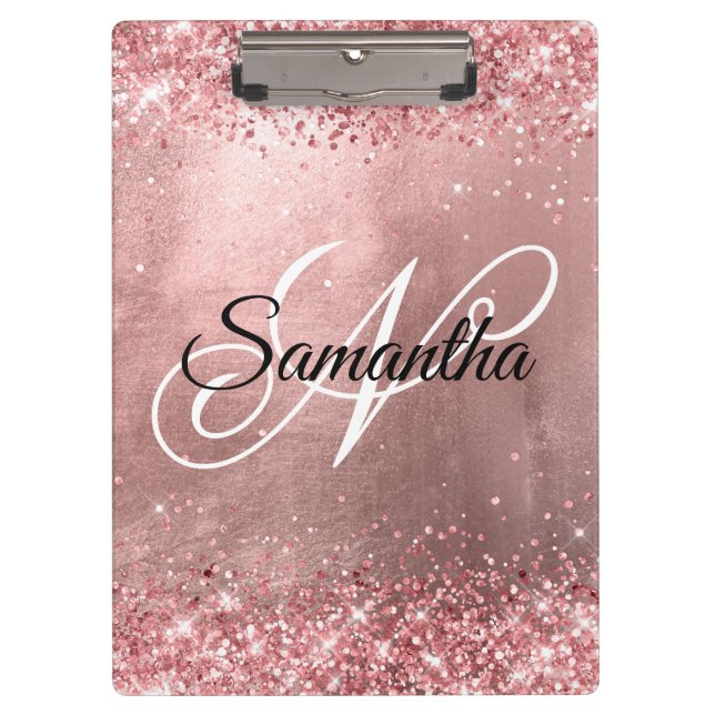 Pink Coral Glitter Fancy Monogram Rose Gold Foil Clipboard (Front)