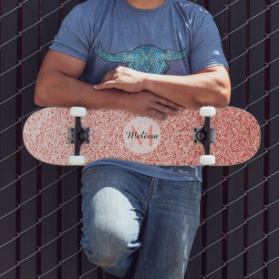 Pink coral light pastel sparkles bling Monogram Skateboard