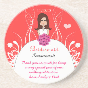 Pink Coral Long Brown Hair Bridesmaid Gown Coaster