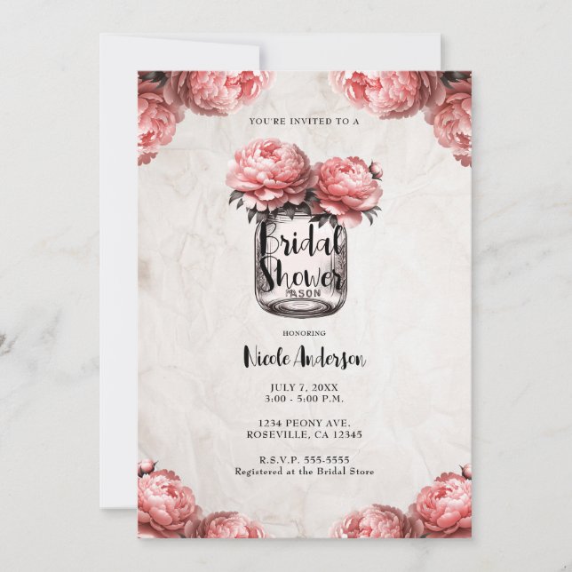 Pink Coral Peony Mason Jar Rustic Bridal Shower  Invitation (Front)
