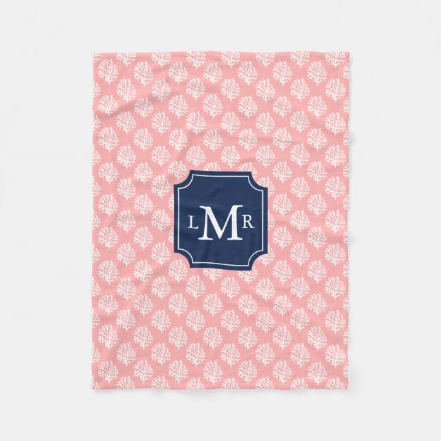 Pink Coral Reef Pattern and Blue Monogram Fleece Blanket (Front)