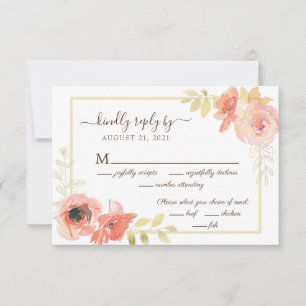 Pink Coral Rose and Gold Leaves Floral Wedding RSVP Card