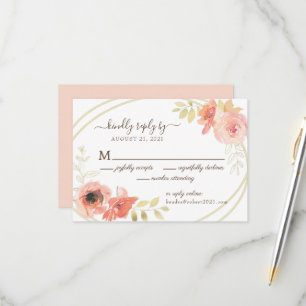Pink Coral Rose & Gold Ovals Reply Online Wedding RSVP Card