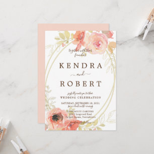 Pink Coral Roses & Gold Ovals Wedding  Invitation