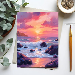 Pink Coral Sunset   Ocean Waves Watercolor Card