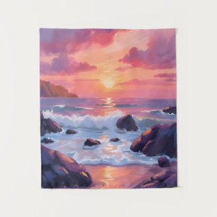 Pink Coral Sunset   Ocean Waves Watercolor Tapestry