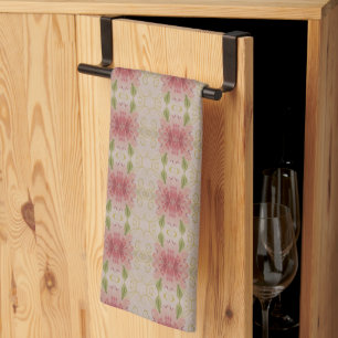 Pink coral watercolor floral kitchen towel