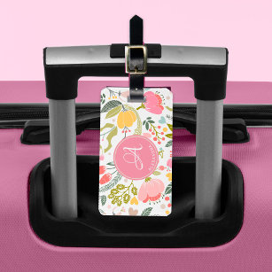 Pink Coral Watercolor Floral Pattern Monogram Name Luggage Tag