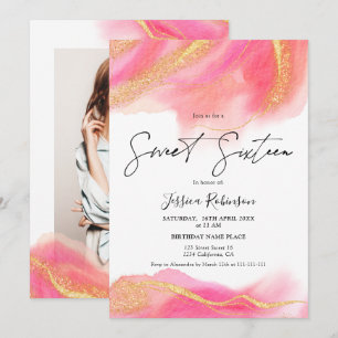 Pink coral watercolor gold glitter photo Sweet 16 Invitation