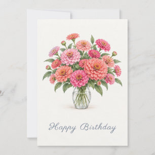 Pink Coral Zinnias Birthday Card