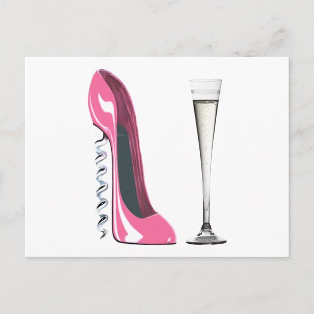 Pink Corkscrew Stiletto Shoe and Champagne Flute Postcard (Front)
