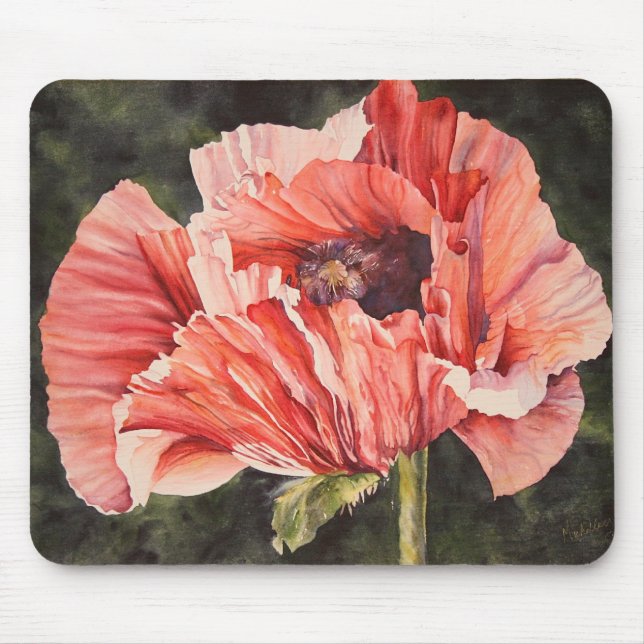 Pink Corn Poppy Botanical Floral Computer Mousepad (Front)