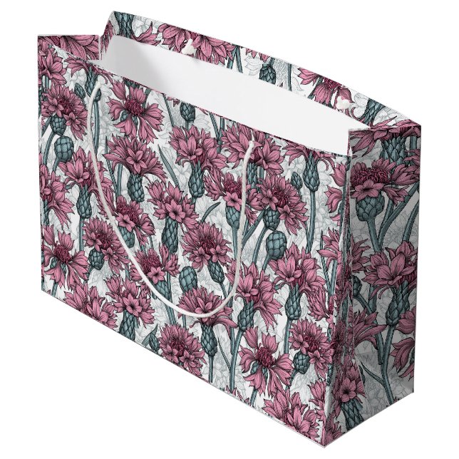 Pink cornflowers, wild flowers on white large gift bag (Back Angled)
