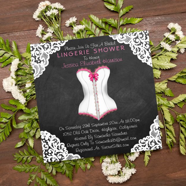 Pink Corset White Lace Chalkboard Lingerie Shower Invitation (Creator Uploaded)