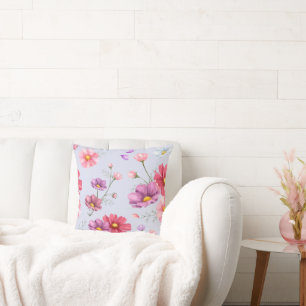 Pink Cosmos Flower Pattern Throw Pillow