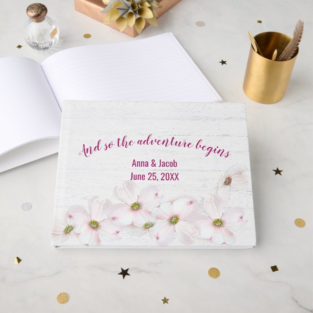 Pink Cosmos Flower Wedding Guest Book (Front Open)