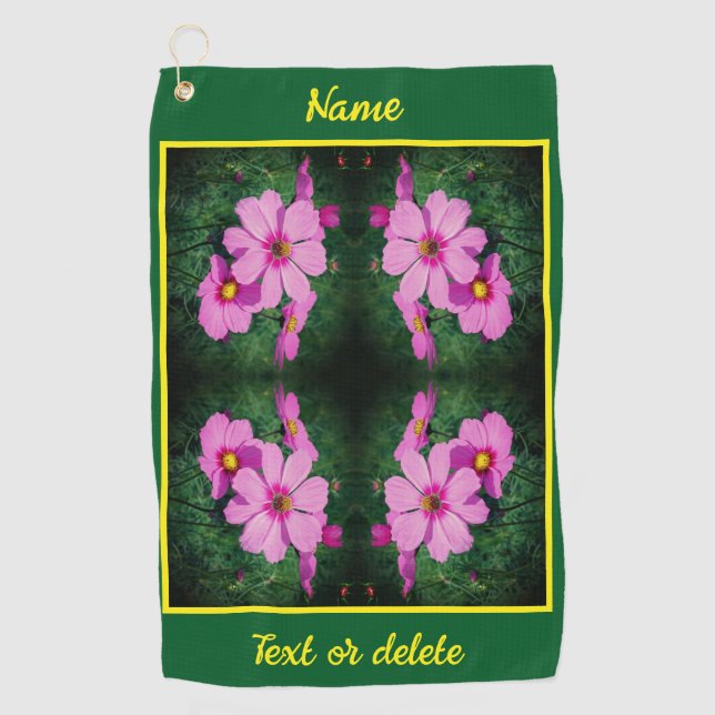 Pink Cosmos Flowers Abstract Personalized Golf Towel (Front)