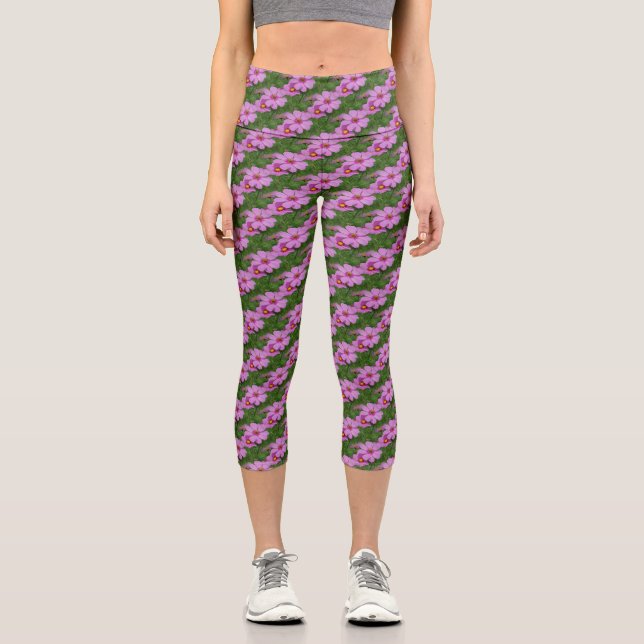 Pink Cosmos Flowers Nature Pattern     Capri Leggings (Front)