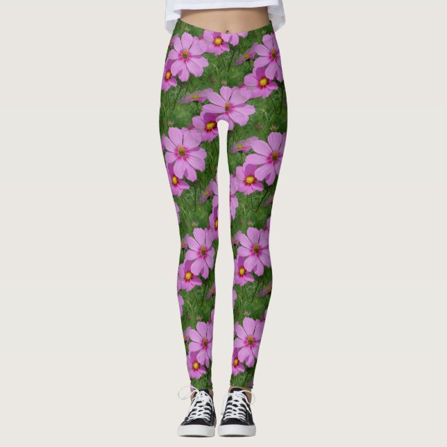 Pink Cosmos Flowers Nature Pattern Leggings (Front)