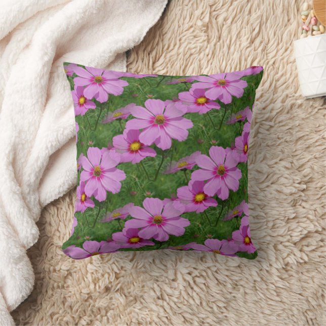 Pink Cosmos Flowers Nature Pattern Throw Pillow (Blanket)