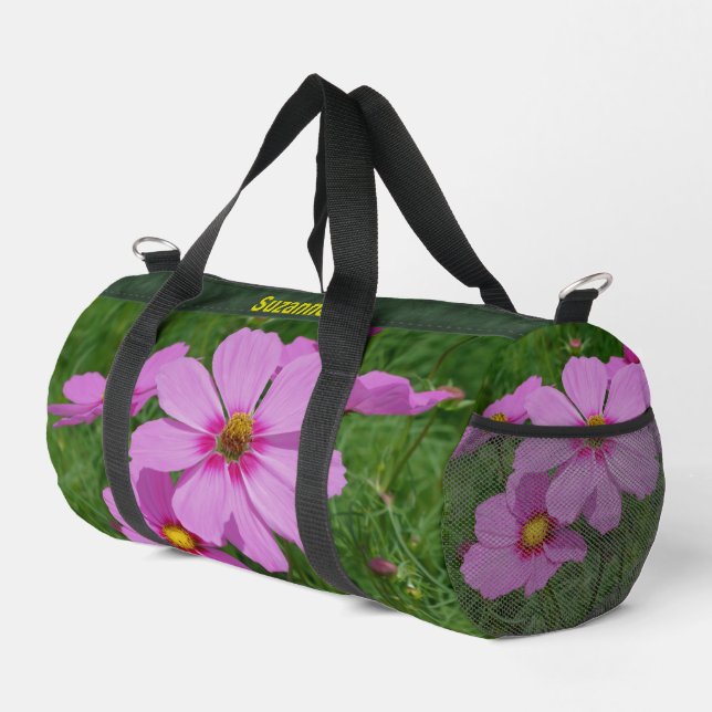 Pink Cosmos Flowers Nature Personalized   Duffle Bag (Right Corner)