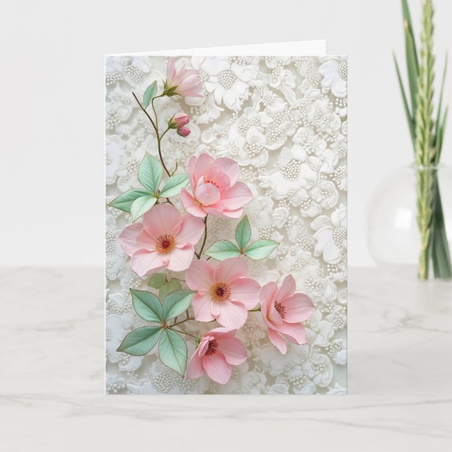 Pink Cosmos Flowers On White Bridal Lace Card (Front)