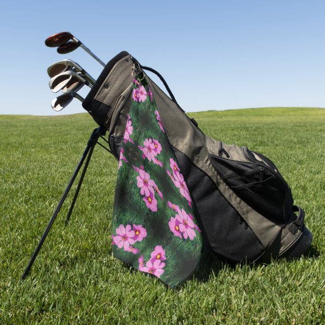 Pink Cosmos Flowers Pattern  Golf Towel (Green)