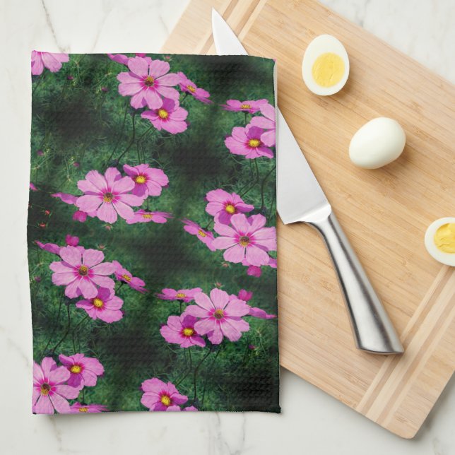 Pink Cosmos Flowers Pattern  Kitchen Towel (Quarter Fold)