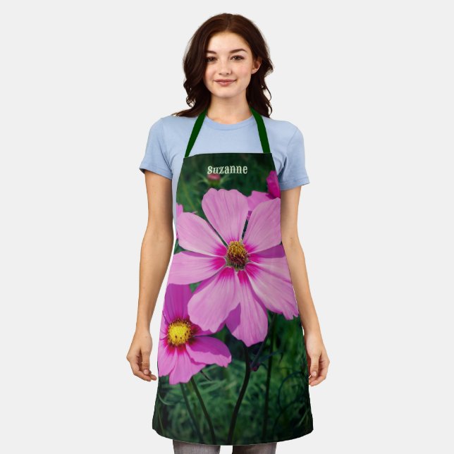 Pink Cosmos Flowers Personalized Apron (Worn)