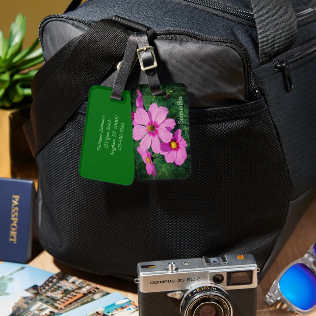 Pink Cosmos Flowers Personalized Luggage Tag (Front & Back)