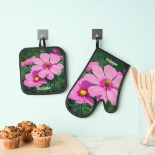 Pink Cosmos Flowers Personalized Oven Mitt & Pot Holder Set
