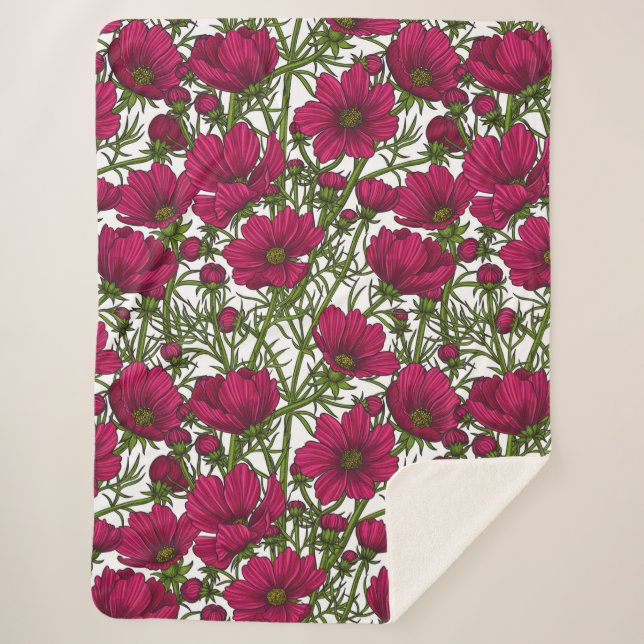 Pink Cosmos flowers Sherpa Blanket (Front)