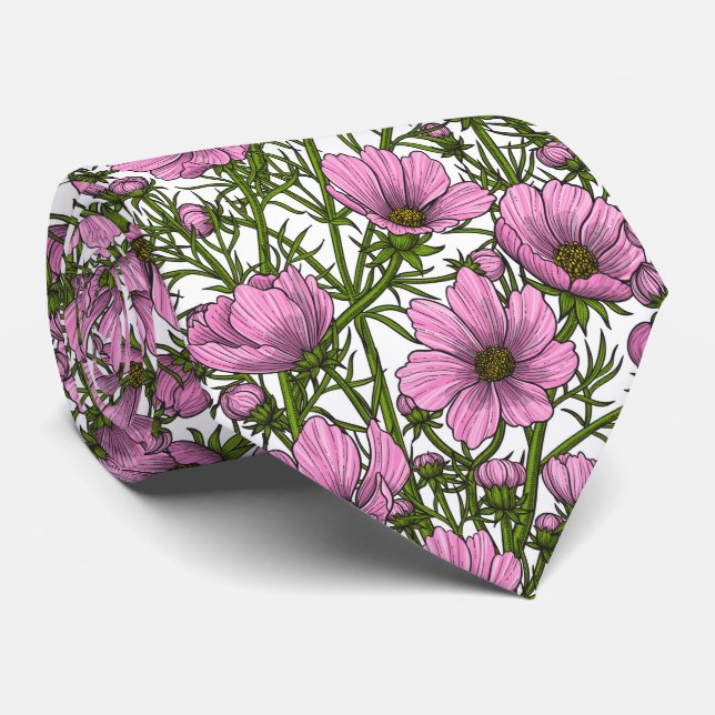 Pink Cosmos flowers Tie (Rolled)