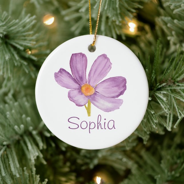 Pink Cosmos OCTOBER Birth Flower Custom Name Ceramic Ornament (Tree)