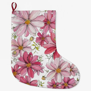 Pink Cosmos Watercolor Floral Pattern – Vibrant  Large Christmas Stocking