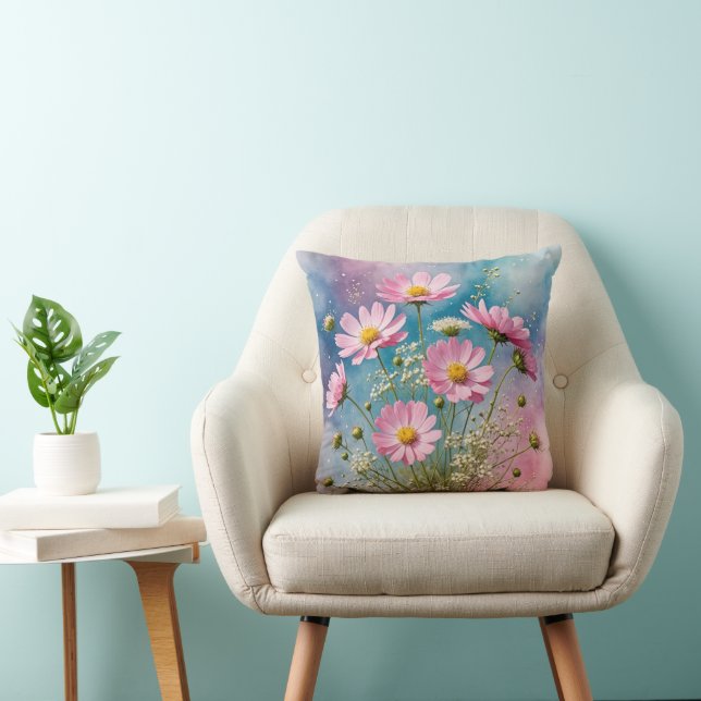 Pink Cosmos Watercolor Throw Pillow (Chair)