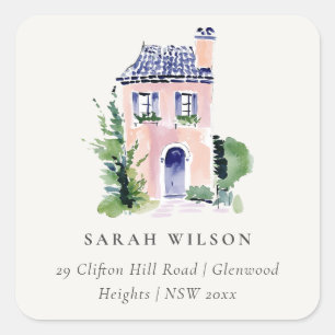 Pink Cottage Landscape Home Moved Address Square Sticker