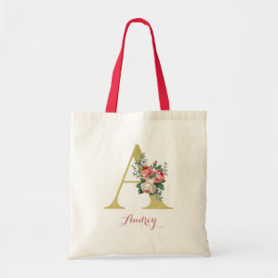 Pink Cottage Rose A Initial Tote Bag - Custom Name