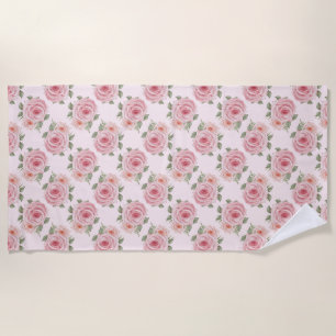 Pink cottage rose floral vintage pattern beach towel