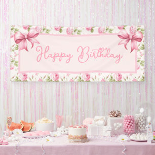Pink Cottage Rose Happy Birthday Banner