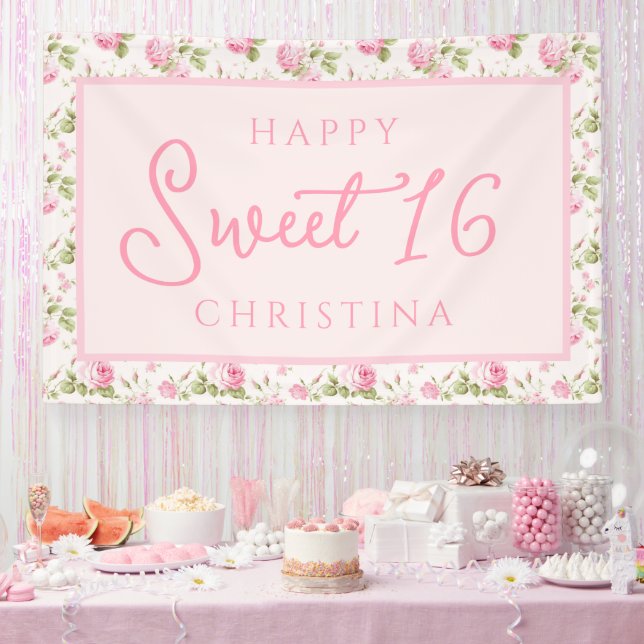 Pink Cottage Rose Happy Sweet 16th Birthday Banner (Party)